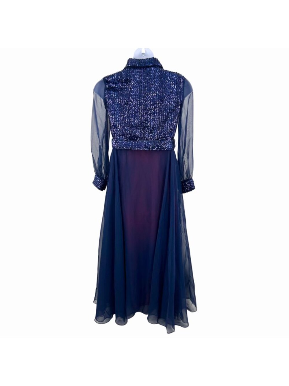 VINTAGE RONA NEW YORK BLUE SEQUIN CHIFFON FORMAL HOLIDAY DRESS - 14 - Picture 6 of 9